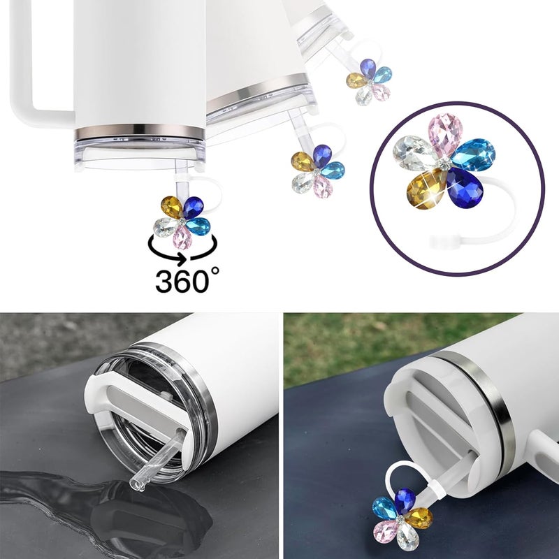 SEMATA 4PCS Cute Flower Straw Cover Cap for Stanley Cup Accessories,Bling Crystals Straw Toppers for Stanley Tumbler 40&30 oz,Rhinestone Reusable Straws Tips Protectors Compatible with 10mm Straws - Image 3